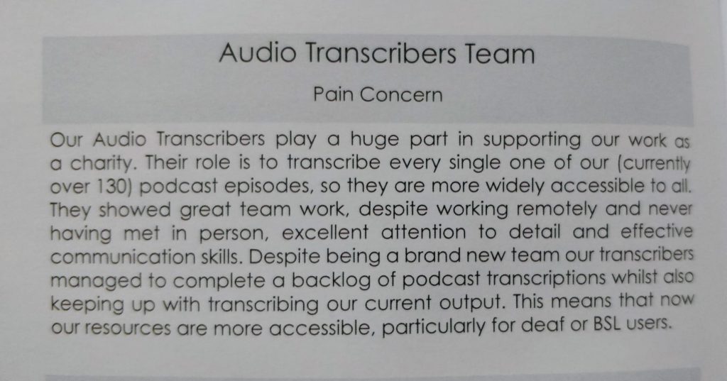 Image displays the awardee description for our team of audio transcribers from the Inspiring Volunteer Awards programme