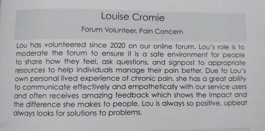 Image displays the awardee description for our forum volunteer Louise Cromie from the Inspiring Volunteer Awards ceremony programme