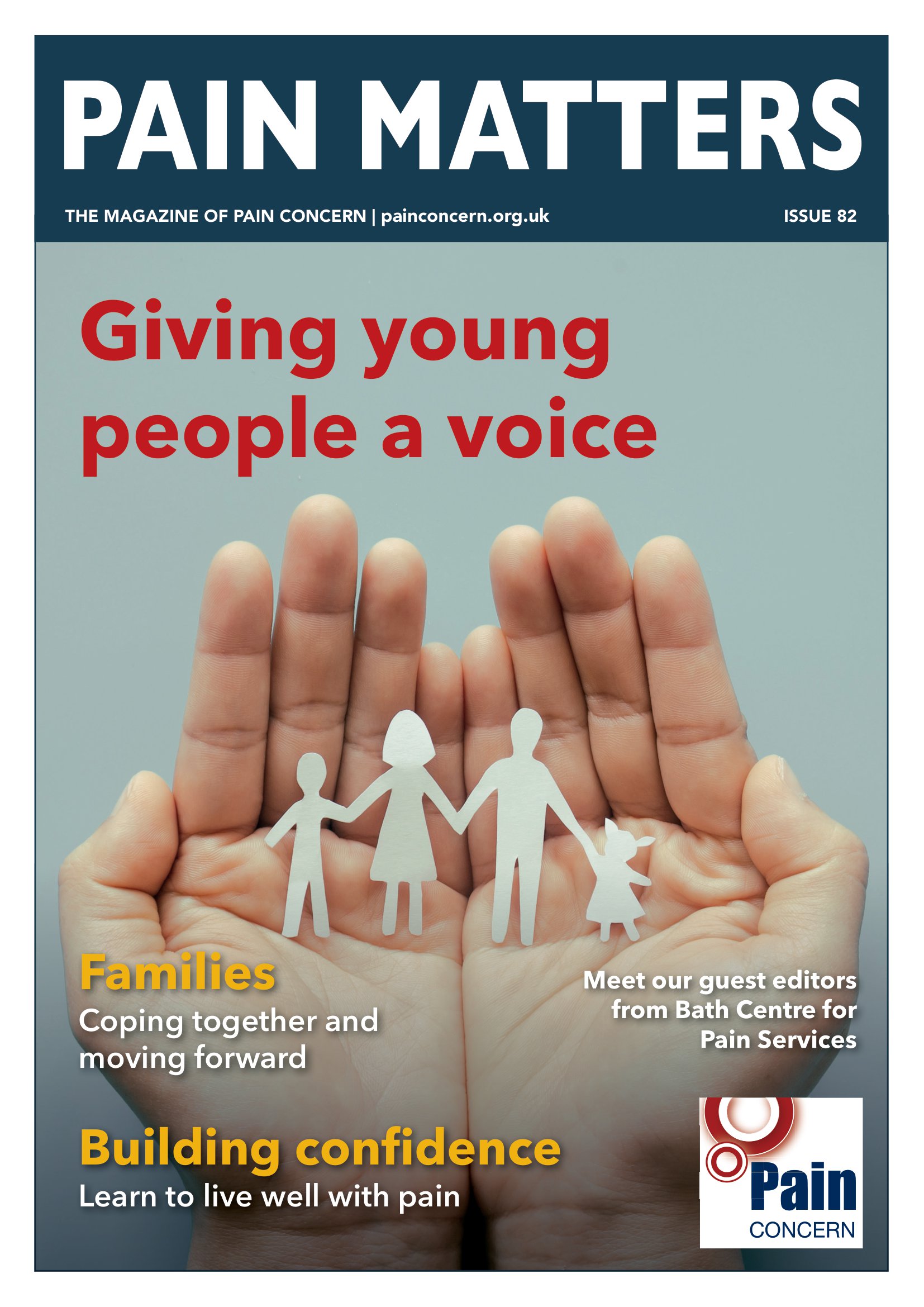 Cover of Pain Matters magazine 82. Title says 'Giving young people a voice'.