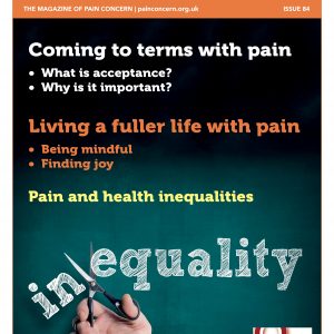 Pain Matters 84 front cover includes a graphic of the word inequality being cut in half.