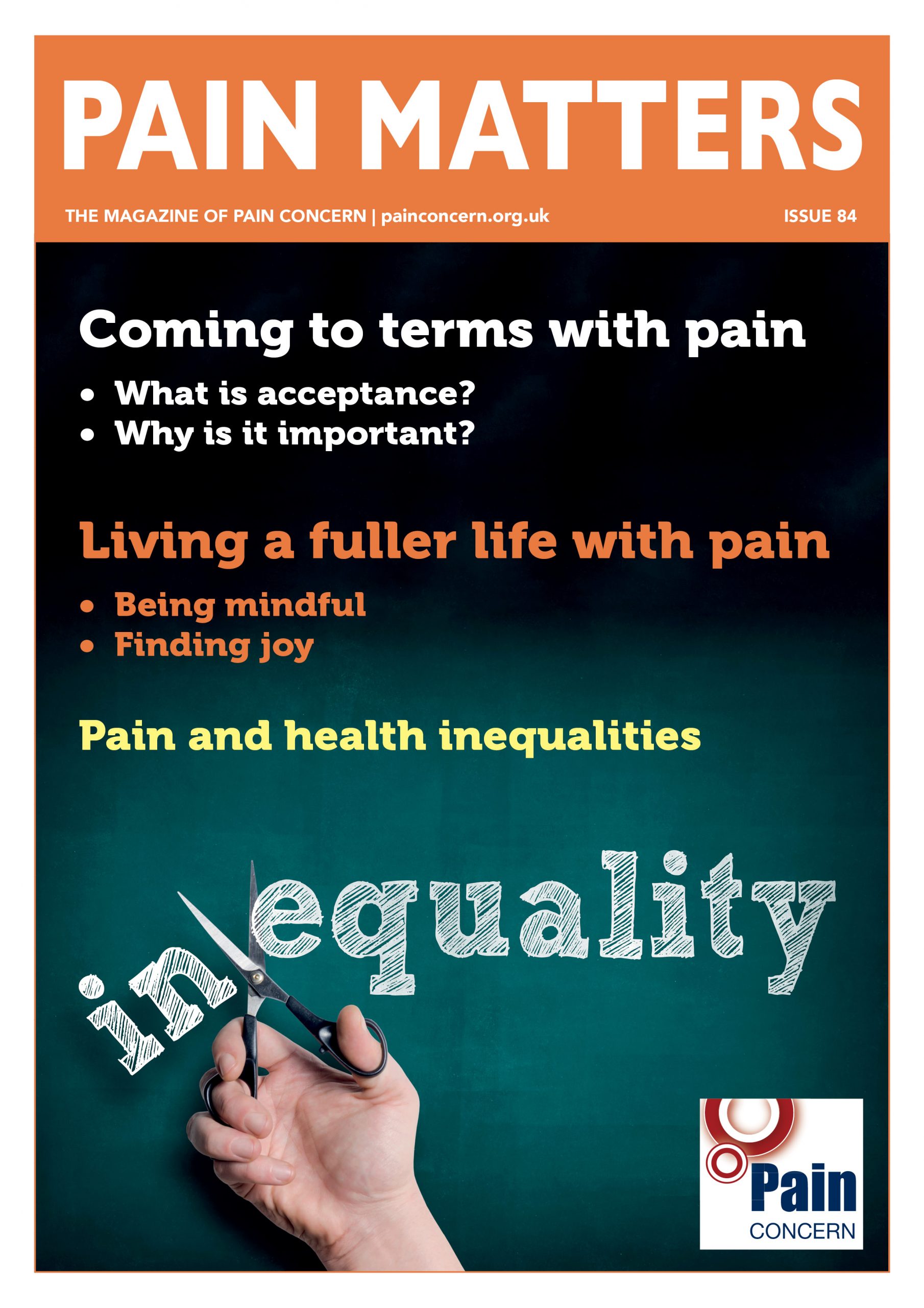 Pain Matters 84 front cover includes a graphic of the word inequality being cut in half.