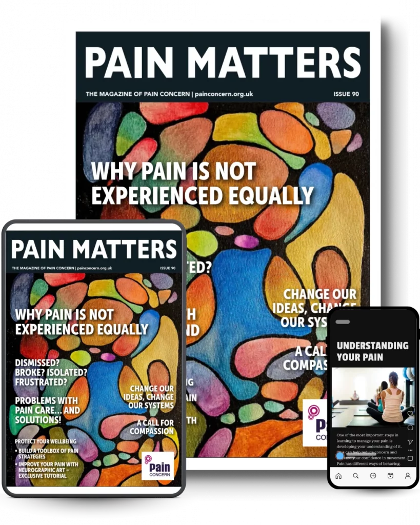 Examples od different formats of Pain Matters 90 - mobile, tablet and print